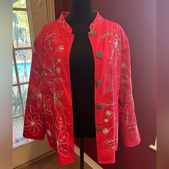 Draper’s & Damon’s Jackets & Blazers - Draper’s & Damon’s Jacket XL Red Floral Embroidered Sequin Beaded Button Front